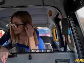 Fake Taxi Teen wearing thick rimmed glasses fucks a taxi driver who has a huge cock with girth
