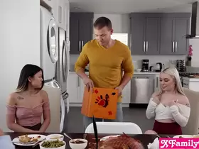 Thanksgiving stepbro is thankful for his penis and his stepsisters Haley Spades and Lulu Chu too