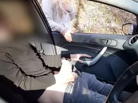 Public cock flashing - Guy jerking off in car in park was caught by a runner girl who helped him cum